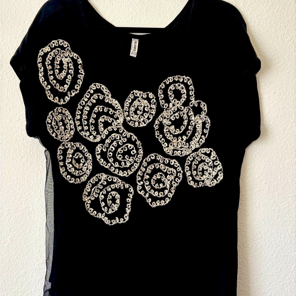 Free People Black Short Sleeve Embellished Tee